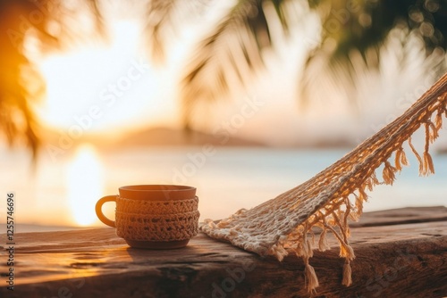 A homestay in a tropical beach setting, with a hammock swinging between palm trees photo