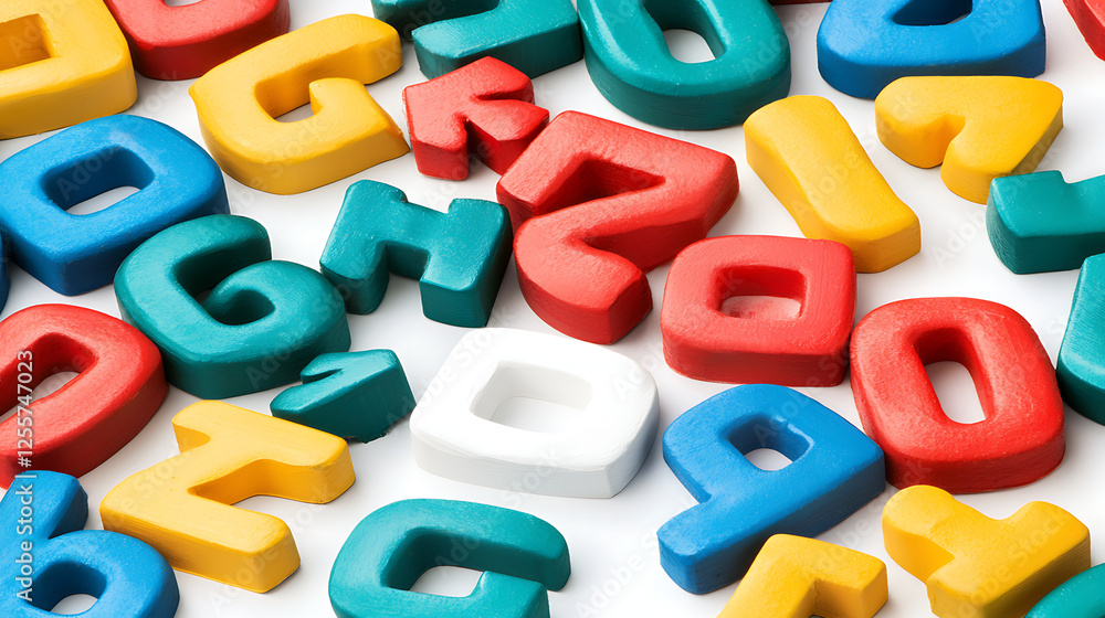 Colorful wooden letters and numbers scattered on white background; education concept Colorful wooden letters and numbers scattered on white background; education concept