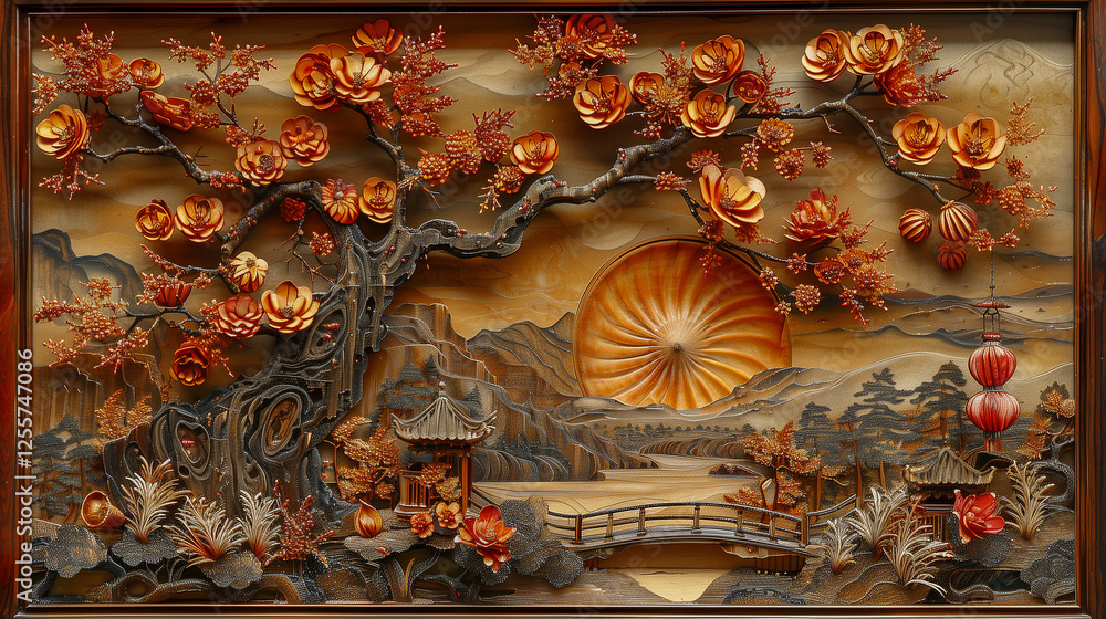 custom made wallpaper toronto digitalElegant 3D Chinese Landscape with Blossoms and Lanterns..