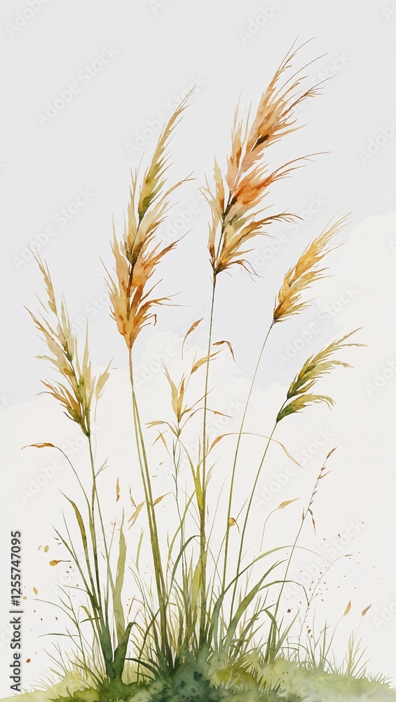 Tall Grasses Blowing in the Wind watercolor in Minimalist Natural Landscape on plain white background Tall Grasses Blowing in the Wind watercolor in Minimalist Natural Landscape on plain white background