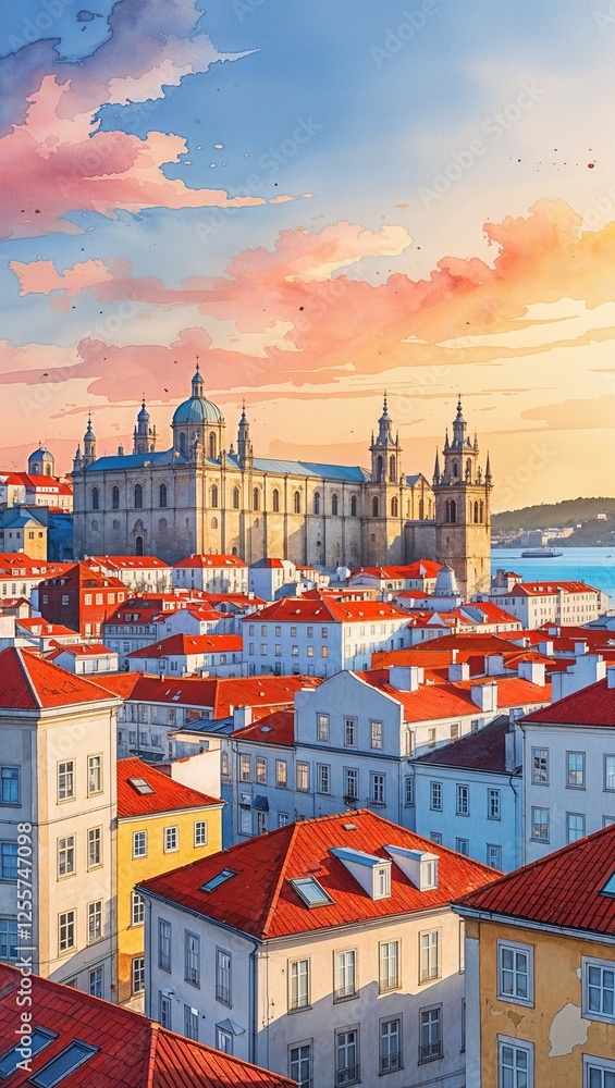 Obraz premium Tall Rooftops of Lisbon at Sunset watercolor in Scenic Cityscape on plain white background