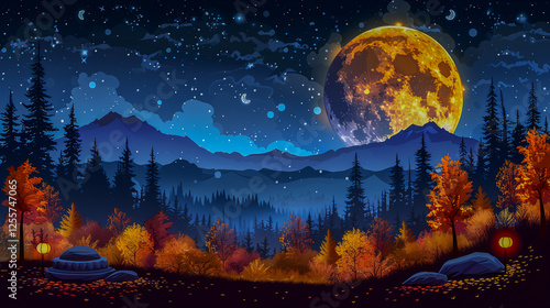 Magical Autumn Night with a Glowing Full Moon.. photo