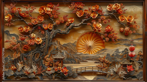 Wallpaper Mural Elegant 3D Chinese Landscape with Blossoms and Lanterns.. Torontodigital.ca
