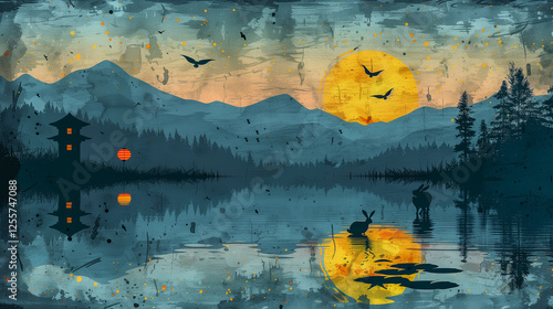 Mystical Moonlit Lake with Rabbits and Lantern Reflections..