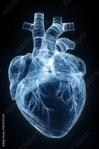Crystalline Heart Anatomy: A mesmerizing, translucent rendering of a human heart, showcasing intricate details of its chambers and vessels against a deep black backdrop.