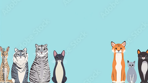 Cute cats and tiger family sitting, blue background, pet adoption banner
