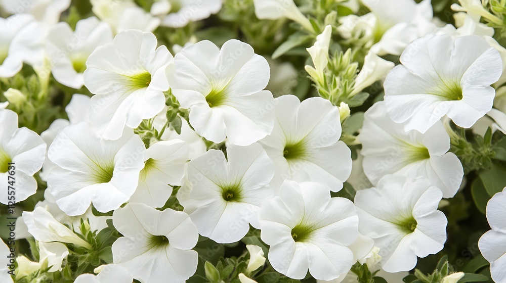 White Petunia Blooms: A delicate cluster of pristine white petunia flowers, showcasing their soft petals and vibrant green centers, creating a stunning visual symphony of purity and natural beauty. White Petunia Blooms: A delicate cluster of pristine white petunia flowers, showcasing their soft petals and vibrant green centers, creating a stunning visual symphony of purity and natural beauty.