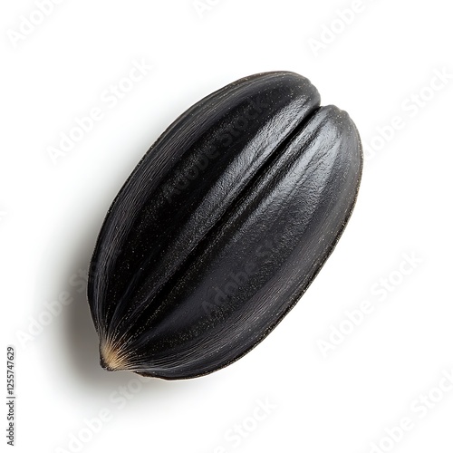 Wallpaper Mural Black Sunflower Seed: A single, rich black sunflower seed, captured in sharp detail against a pure white background, showcasing its natural texture and subtle color variations. Torontodigital.ca