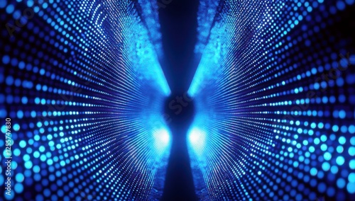 Abstract Digital Background with Glowing Blue Lights and Dots Creating a Symmetrical Pattern in a Dark Environment for Technology and Innovation Themes