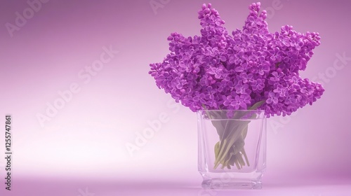 Vibrant Purple Lilacs in Clear Glass Vase with Soft Gradient Background