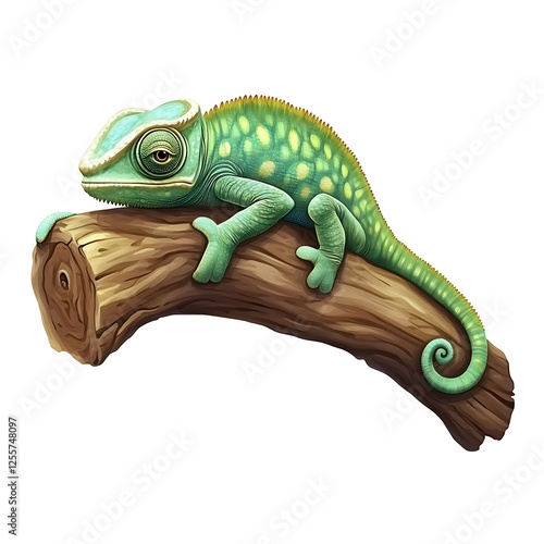 Chameleon on Branch: A vibrant green chameleon with subtle yellow spots rests peacefully on a curved brown branch, showcasing its intricate details and captivating camouflage. 