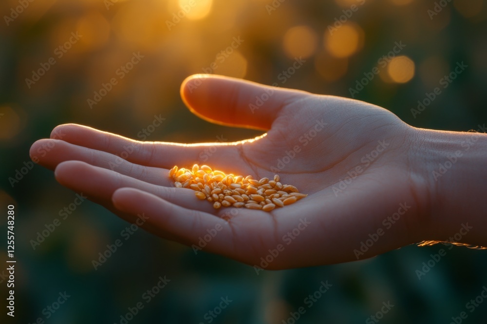 Hand holding glowing seeds in a dark setting Hand holding glowing seeds in a dark setting