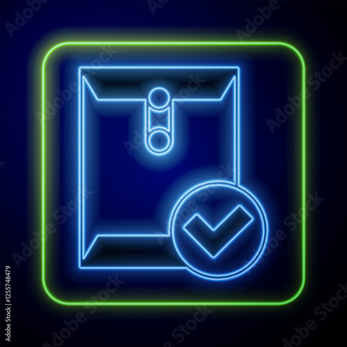 Glowing neon Envelope and check mark icon isolated on blue background. Successful e-mail delivery, email delivery confirmation. Vector