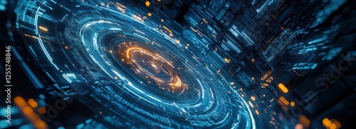 Abstract digital technology background featuring glowing circular patterns and vibrant light trails in a futuristic sci-fi setting