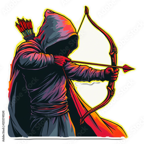 A man in a hooded cape is holding a bow and arrow.