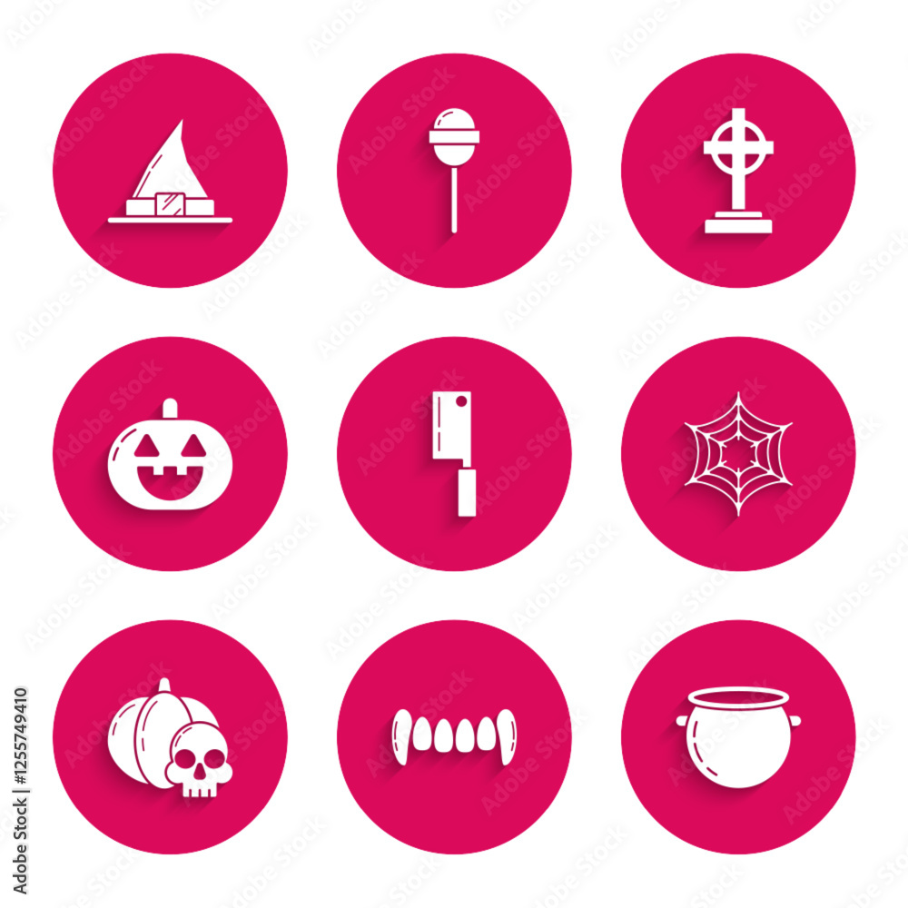 Set Meat chopper, Vampire teeth, Halloween witch cauldron, Spider web, Pumpkin and skull, Tombstone with cross and Witch hat icon. Vector Set Meat chopper, Vampire teeth, Halloween witch cauldron, Spider web, Pumpkin and skull, Tombstone with cross and Witch hat icon. Vector