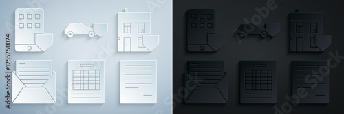 Set Report file document, House with shield, Mail and e-mail, Document, Car and Smartphone insurance icon. Vector