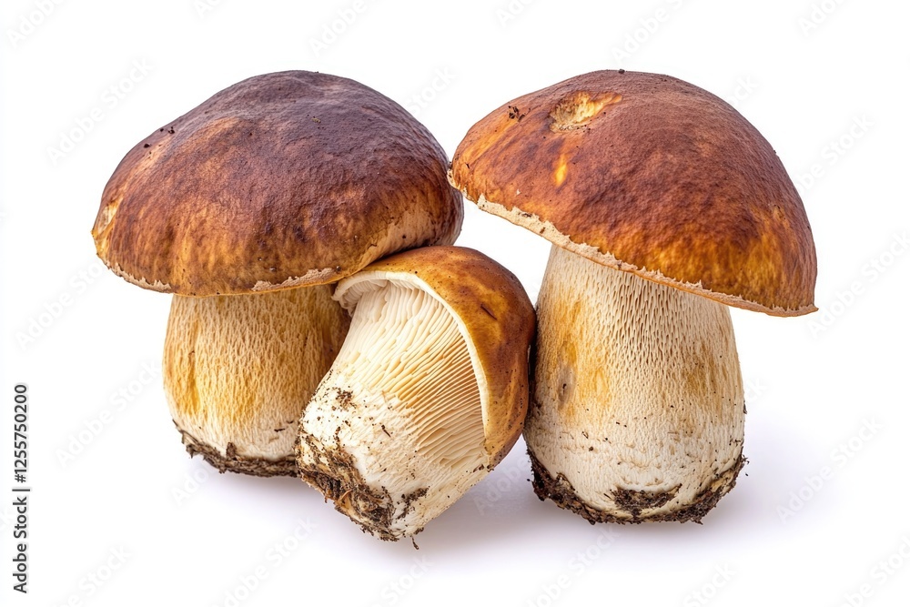 A collection of mushrooms growing on a white surface, great for use in still life or nature photography A collection of mushrooms growing on a white surface, great for use in still life or nature photography
