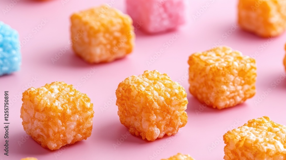 Colorful rice crispy cubes arranged on pink surface Colorful rice crispy cubes arranged on pink surface