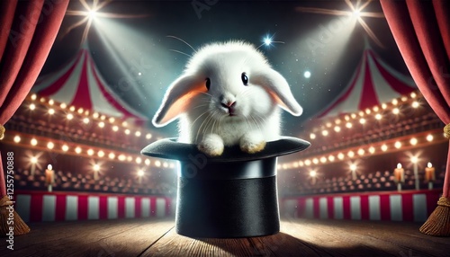 Cheerful White Rabbit Peeking Out of a Magician’s Hat in the Center of a Circus Arena – Dramatic and Whimsical Studio Portrait