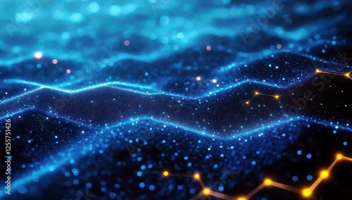 Abstract digital landscape with glowing particles, waves and light trails suitable for technology and futuristic backgrounds