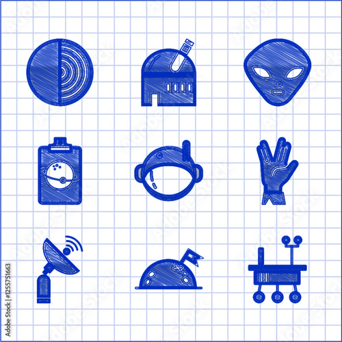 Set Astronaut helmet, Planet with flag, Mars rover, Vulcan salute, Radar, Alien and Earth structure icon. Vector