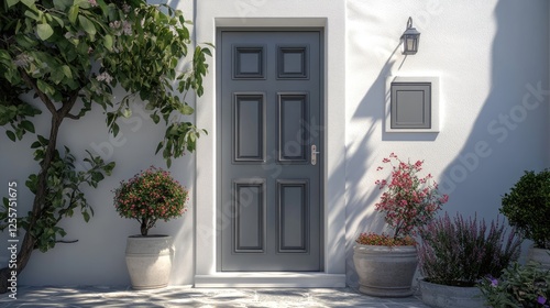 Contemporary image capturing modern Greek home entrance, gray front door with small square decorative windows.