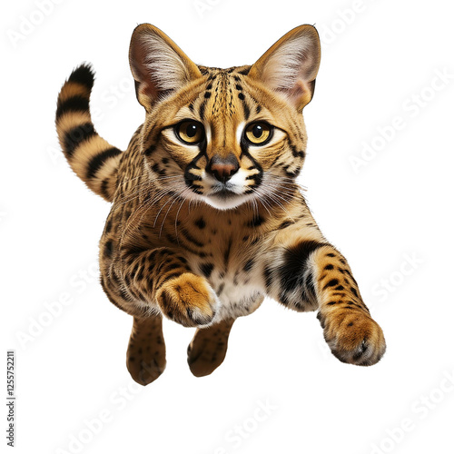 Savannah cat with serious expression jumping