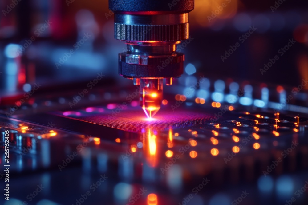 Microscopic view of a manufacturing process with glowing lights Microscopic view of a manufacturing process with glowing lights