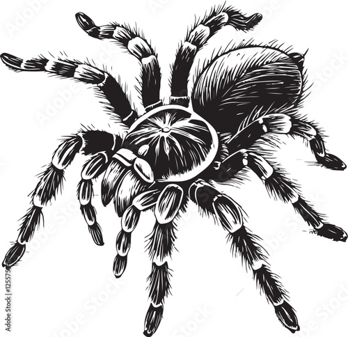 Tarantula Spider Sketch Drawing Black and White Vector Illustration, Line Linear Art Engraving, Isolated