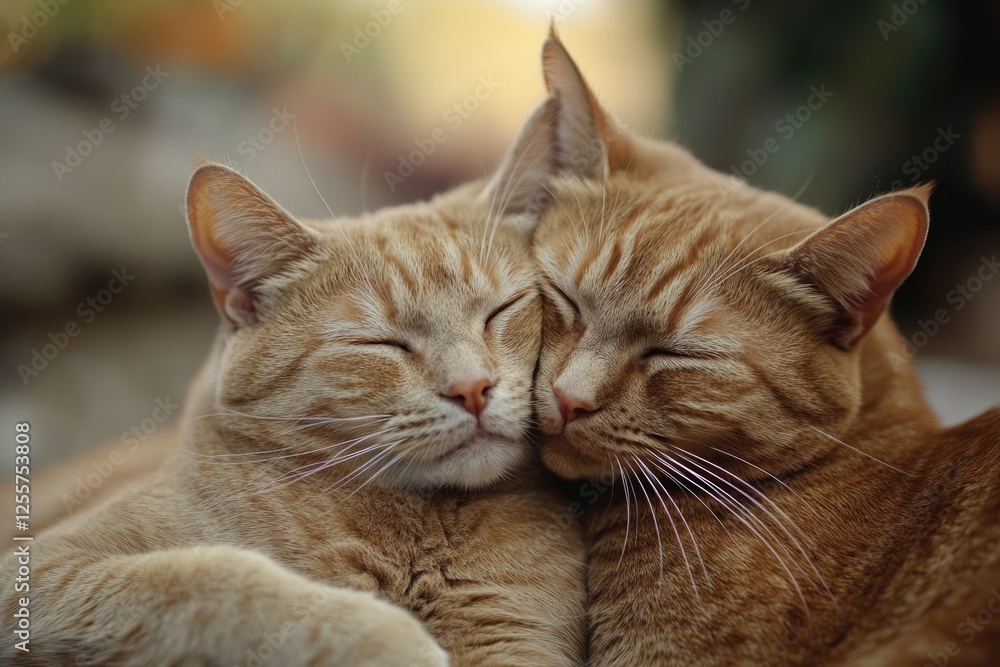Two domestic cats embracing each other, showcasing affection and friendship Two domestic cats embracing each other, showcasing affection and friendship