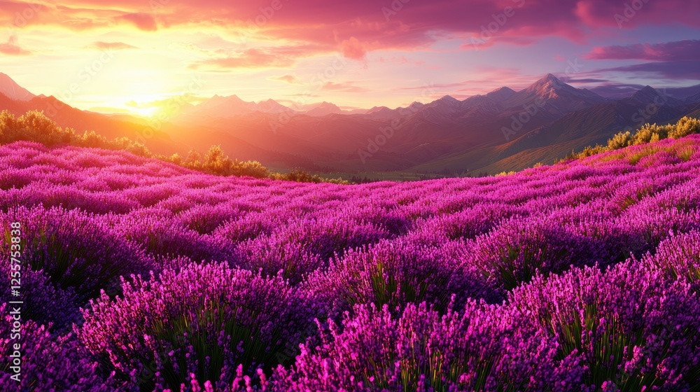 Breathtaking Lavender Fields Under Vibrant Sunset Sky Breathtaking Lavender Fields Under Vibrant Sunset Sky