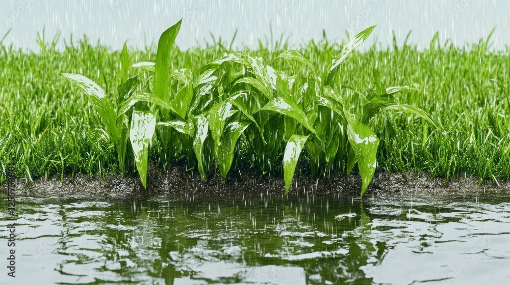 Fototapeta premium Spring Rain on Fresh Green Grass with Water Reflection in a Natural Setting