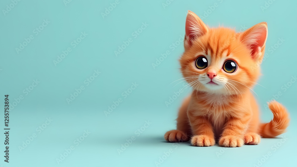 Realistic 3d illustration with a cute red kitten on a light turquoise background, blank for advertising or announcement with copy space Realistic 3d illustration with a cute red kitten on a light turquoise background, blank for advertising or announcement with copy space