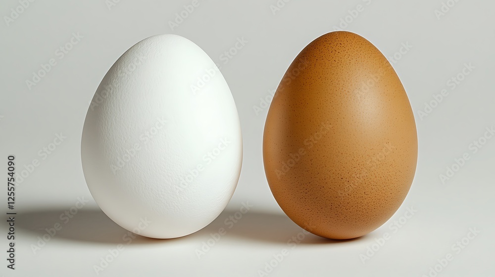 White and Brown Eggs: A pristine white egg and a rich brown egg stand side-by-side, showcasing a simple yet striking contrast in color and texture. White and Brown Eggs: A pristine white egg and a rich brown egg stand side-by-side, showcasing a simple yet striking contrast in color and texture.