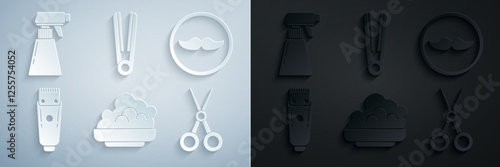 Set Shaving gel foam, Mustache, Electrical hair clipper or shaver, Scissors hairdresser, Curling iron for and Hairdresser pistol spray bottle icon. Vector
