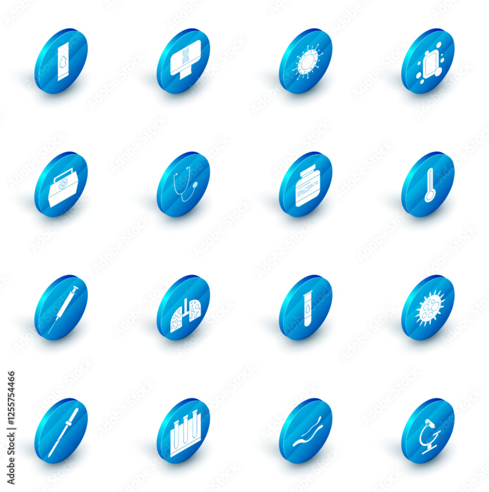Set DNA spiral and computer, Virus, Bar of soap, First aid kit, Syringe, Stethoscope, Medical thermometer and Medicine bottle pills icon. Vector Set DNA spiral and computer, Virus, Bar of soap, First aid kit, Syringe, Stethoscope, Medical thermometer and Medicine bottle pills icon. Vector