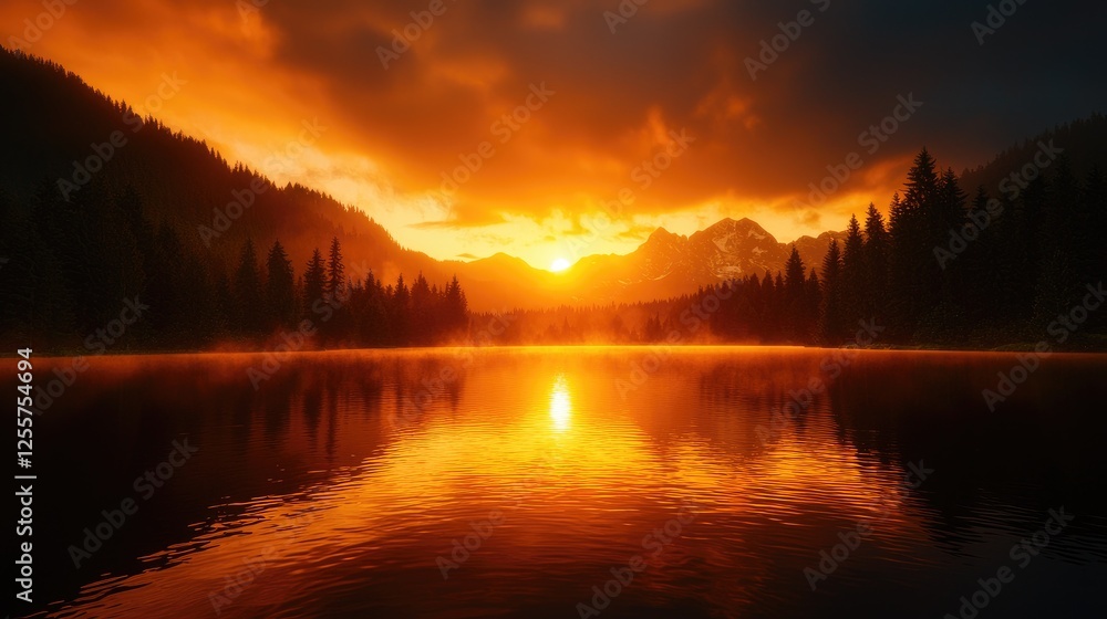 Serene Sunset Reflection Over Calm Lake with Mountain Background Serene Sunset Reflection Over Calm Lake with Mountain Background