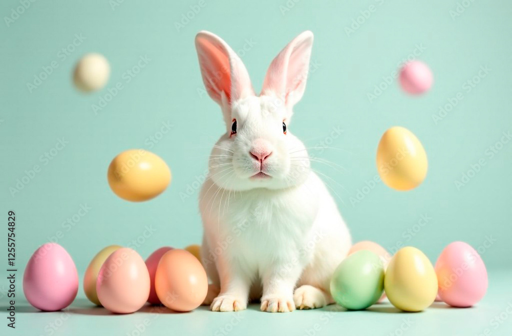 white Easter bunny and Easter eggs on a light blue background white Easter bunny and Easter eggs on a light blue background