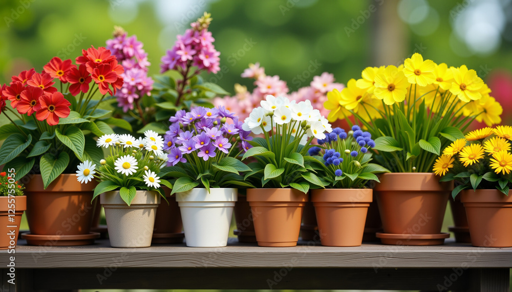 Colorful potted flowers lined up on garden shelf, spring garden planting Colorful potted flowers lined up on garden shelf, spring garden planting