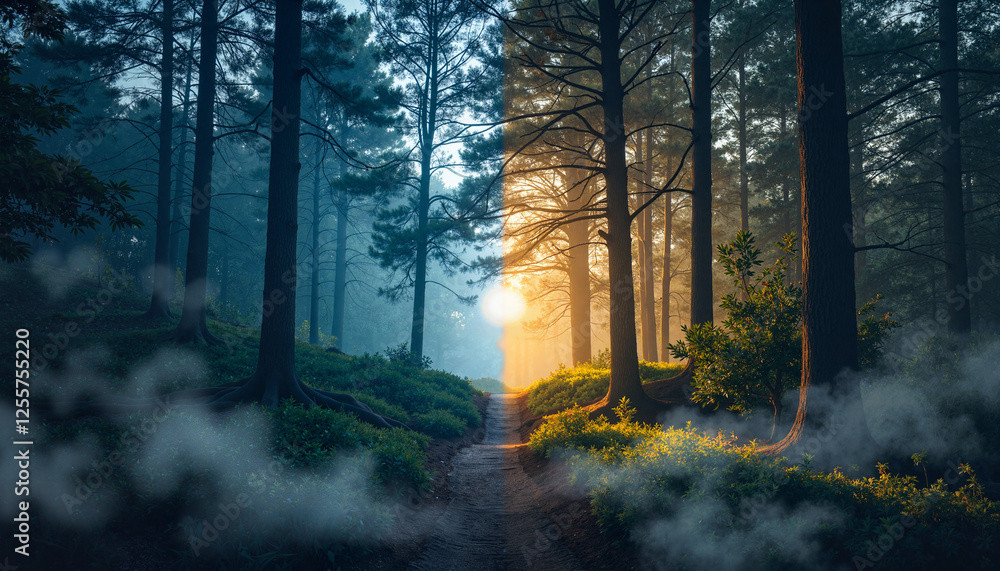 Fototapeta premium Divine transition between day and night in mystical forest, harmony