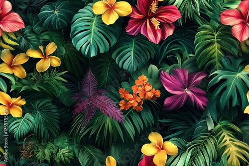 Lush tropical botanical pattern with exotic flowers and foliage