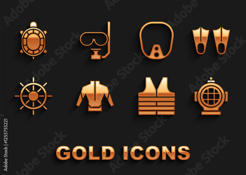 Set Wetsuit, Rubber flippers, Aqualung, Life jacket, Ship steering wheel, Diving mask, Turtle and and snorkel icon. Vector