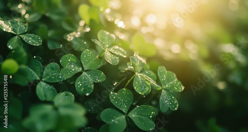 Wallpaper Mural Dew glistens on vibrant green clover leaves under the warm glow of morning light, perfect for Saint Patrick's Day festivities Torontodigital.ca