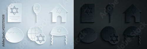 Set World Globe and Israel, Jewish synagogue, sweet bakery, kippah, Balloon with star of david and Torah scroll icon. Vector