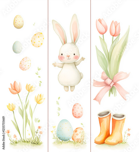 Watercolor Easter themed Easter eggs clipart set, featuring three vertical banners with bunny ears and ribbons, yellow rain boots, tulips, eggs, and a pastel pink background photo