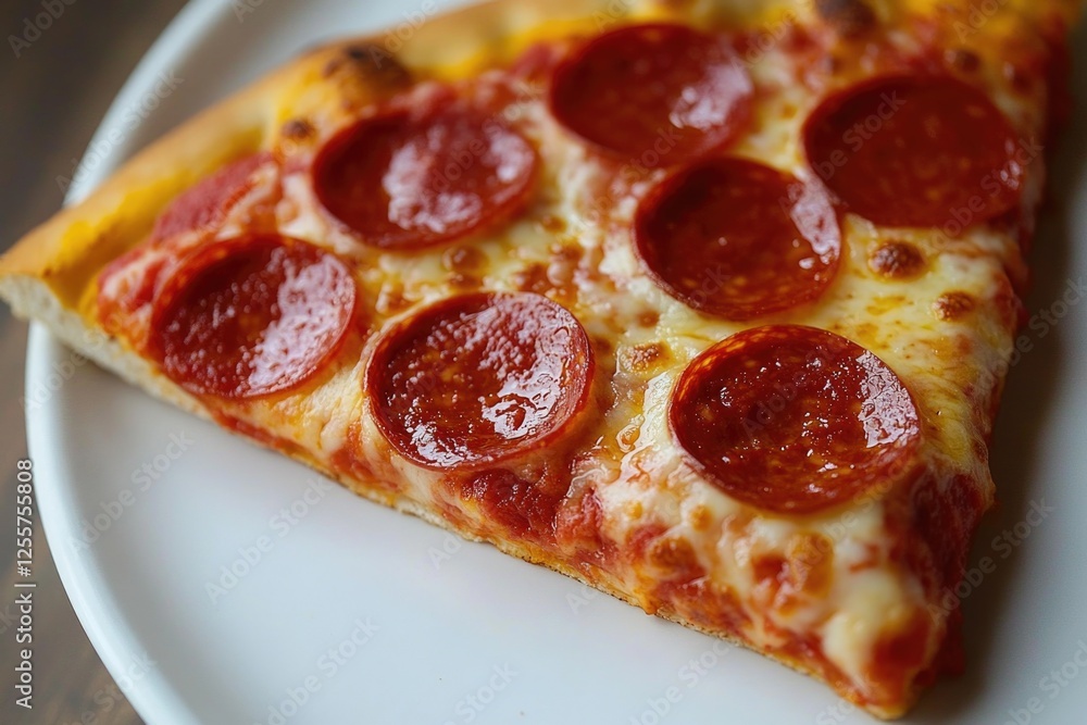 A single slice of pepperoni pizza on a white plate, perfect for close-up photography or food styling A single slice of pepperoni pizza on a white plate, perfect for close-up photography or food styling