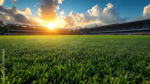 Sunset over a lush green stadium field
