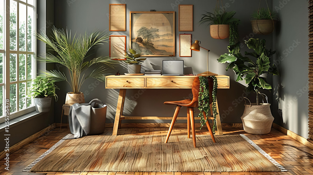 Sunlit Home Office Workspace with Wooden Desk Plants and Laptop Sunlit Home Office Workspace with Wooden Desk Plants and Laptop