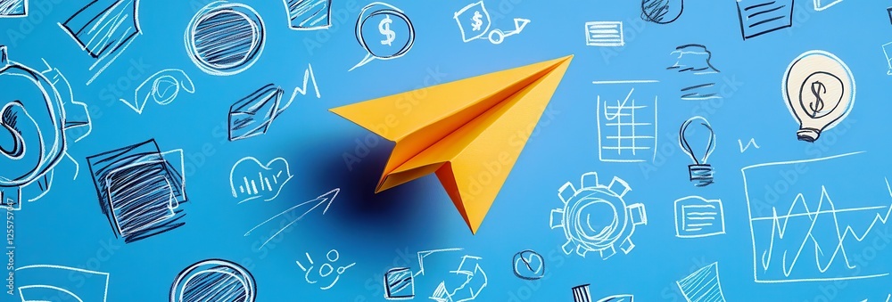 Orange Paper Airplane on Blue Background Surrounded by Business Icons Like Charts, Bulbs, and Dollar Signs Representing Innovation and Creativity in Corporate Sector Orange Paper Airplane on Blue Background Surrounded by Business Icons Like Charts, Bulbs, and Dollar Signs Representing Innovation and Creativity in Corporate Sector